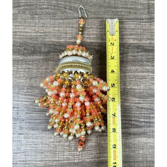 Vintage Handmade Beaded Chandelier Tea Ball Christmas Ornament Orange Peach - Picture 6 of 7